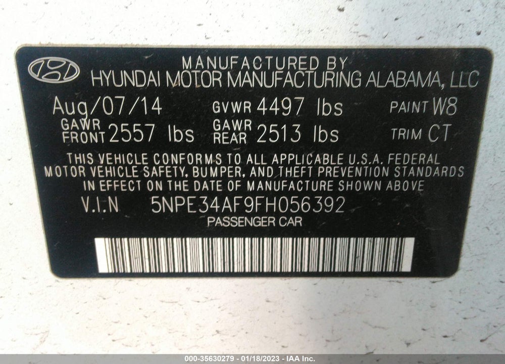 2015 HYUNDAI SONATA SPORT VIN: 5NPE34AF9FH056392