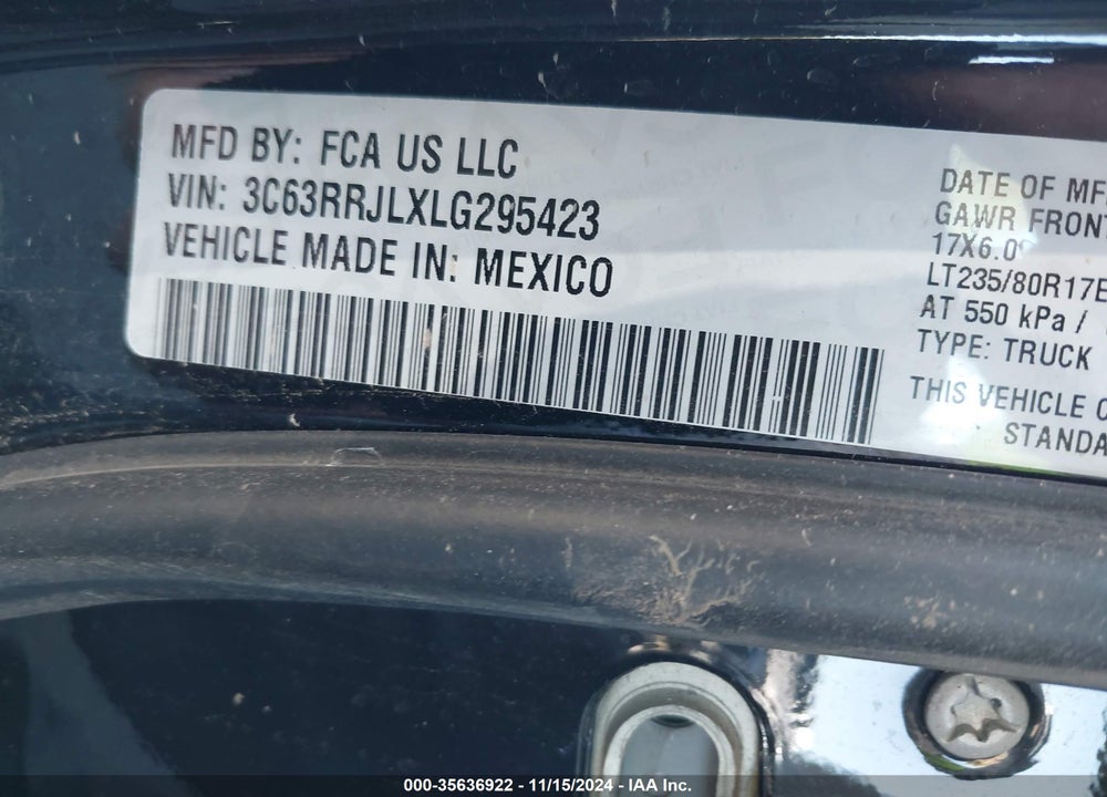2020 RAM 3500 LAIE  4X4 8' BOX VIN: 3C63RRJLXLG295423