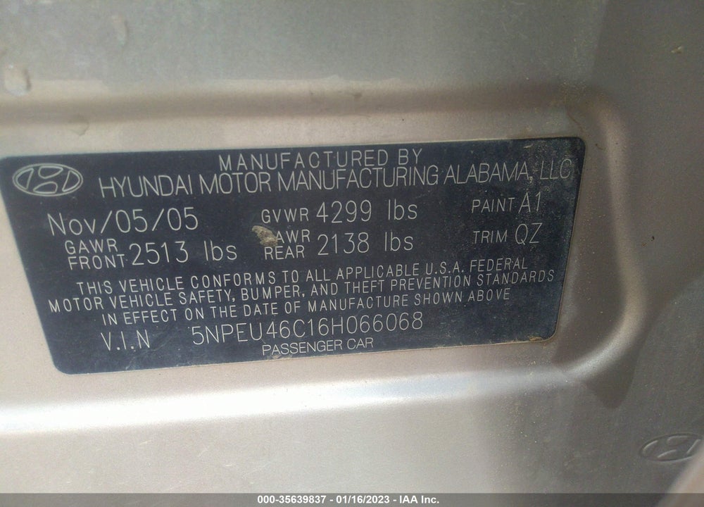 2006 HYUNDAI SONATA GLS VIN: 5NPEU46C16H066068