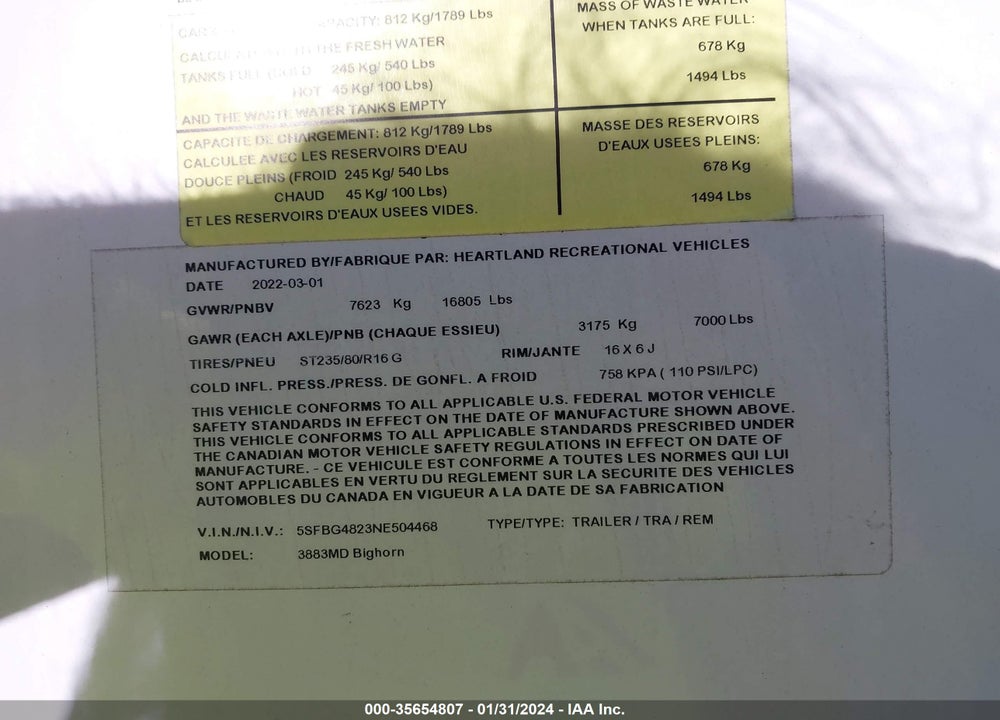2022 BIG HORN 3883MD TRAVEL TRAILER VIN: 5SFBG4823NE504468