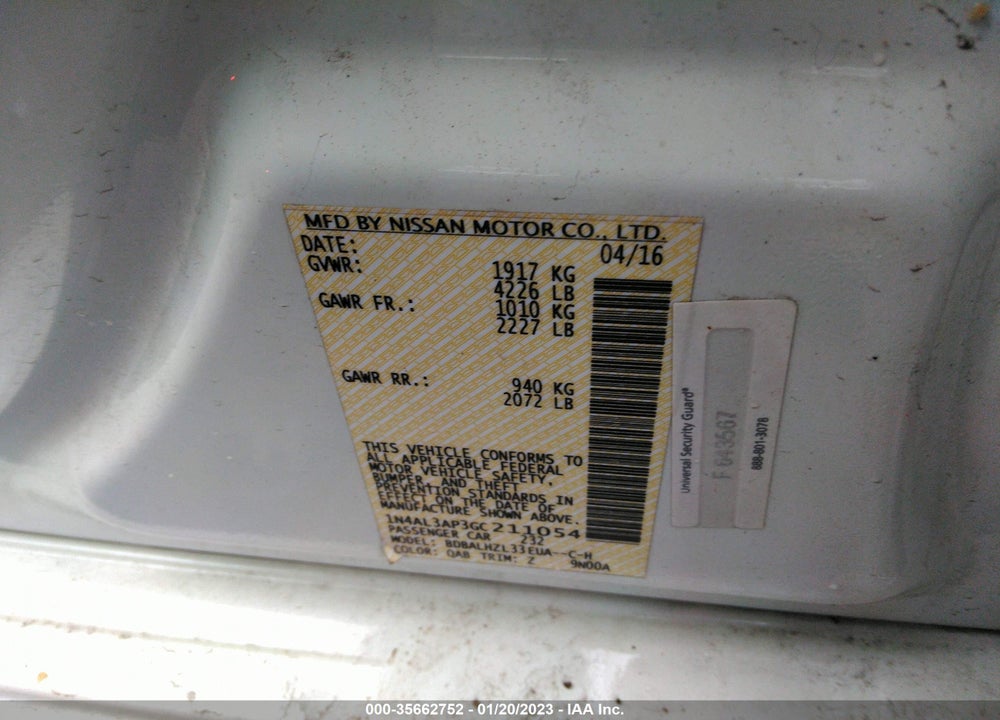 2016 NISSAN ALTIMA VIN: 1N4AL3AP3GC211054
