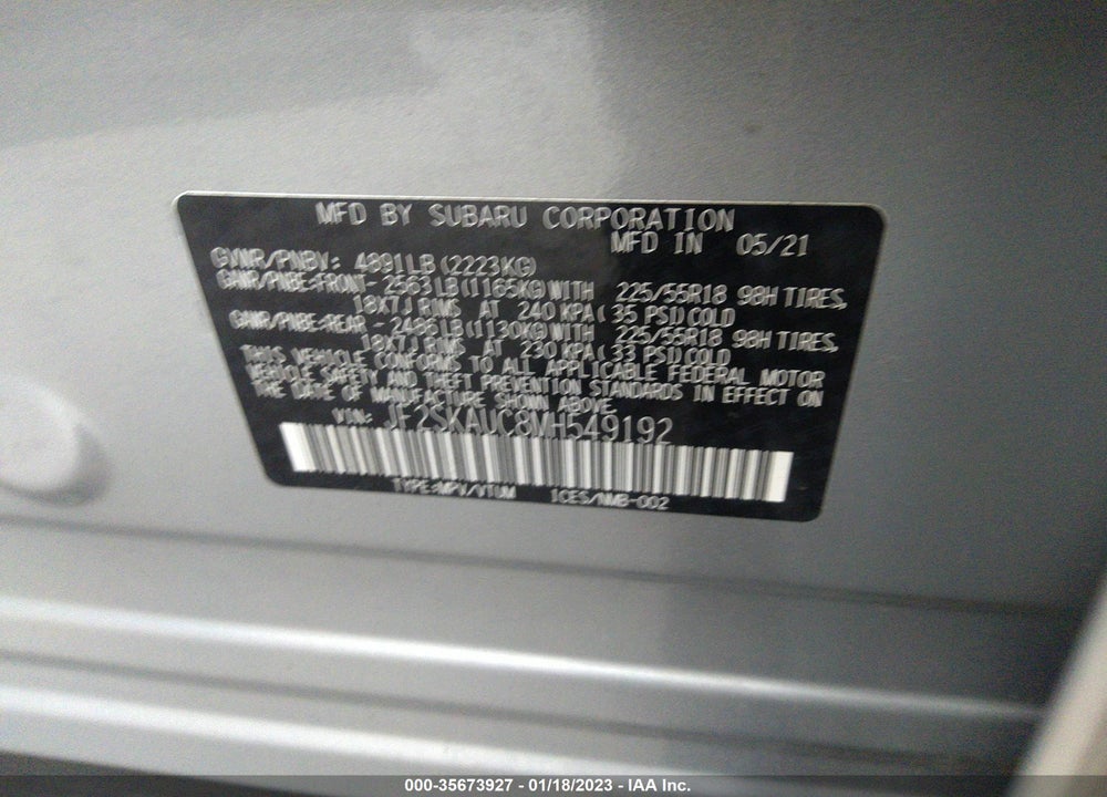 2021 SUBARU FORESTER LIMITED VIN: JF2SKAUC8MH549192