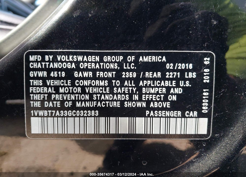 2016 VOLKSWAGEN PASSAT 1.8T SE VIN: 1VWBT7A33GC032383