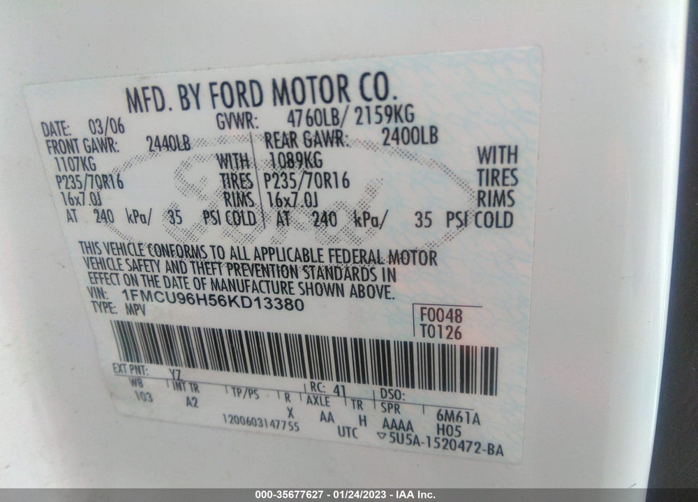 2006 FORD ESCAPE HYBRID VIN: 1FMCU96H56KD13380