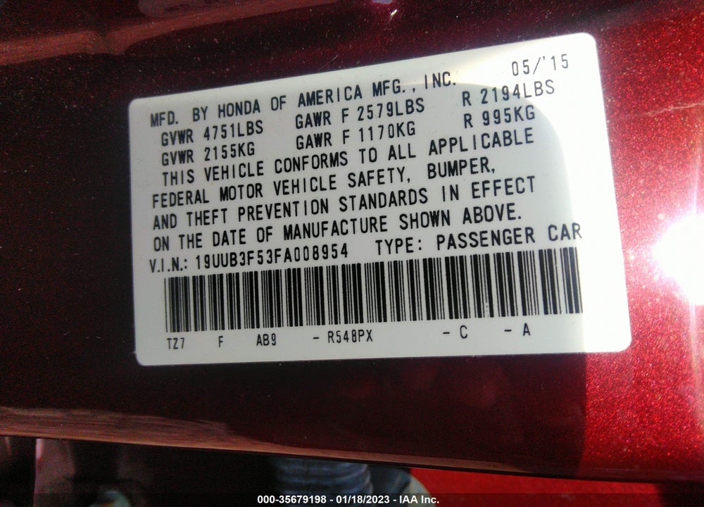 2015 ACURA TLX V6 TECH VIN: 19UUB3F53FA008954