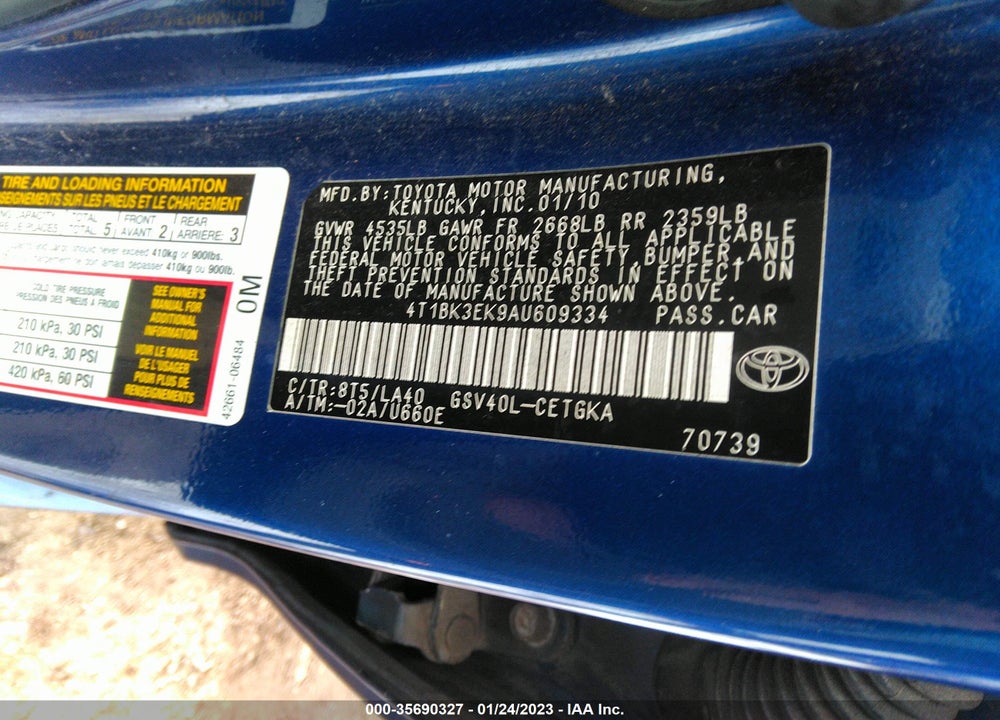 2010 TOYOTA CAMRY XLE V6 VIN: 4T1BK3EK9AU609334