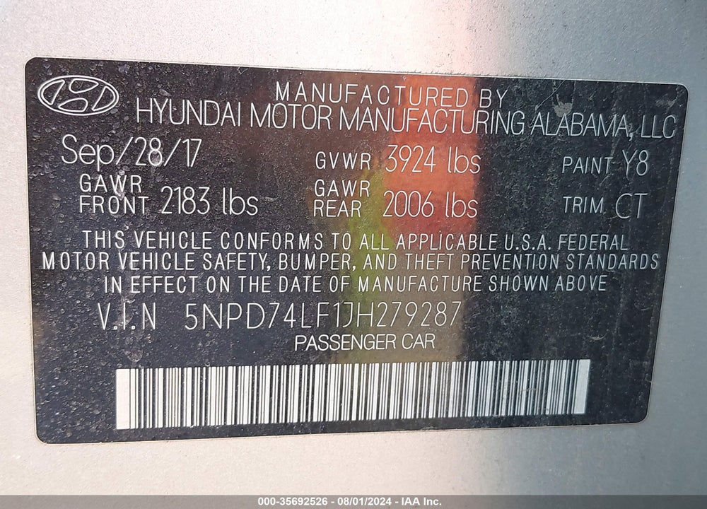 2018 HYUNDAI ELANTRA SE VIN: 5NPD74LF1JH279287