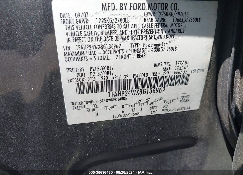 2008 FORD TAURUS SEL VIN: 1FAHP24WX8G136962
