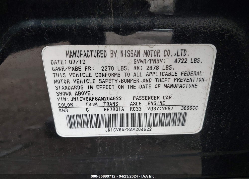 2010 INFINITI G37 JOURNEY VIN: JN1CV6AP8AM204622