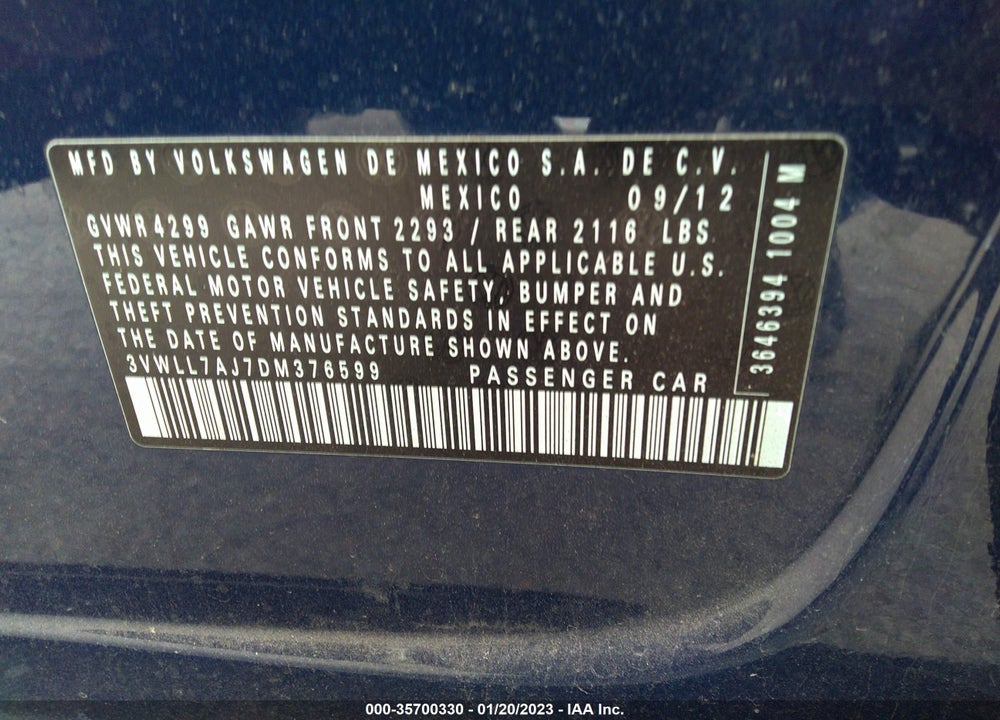 2013 VOLKSWAGEN JETTA SEDAN VIN: 3VWLL7AJ7DM376599
