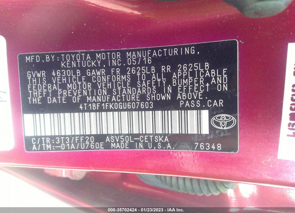 2016 TOYOTA CAMRY SE VIN: 4T1BF1FK0GU607603