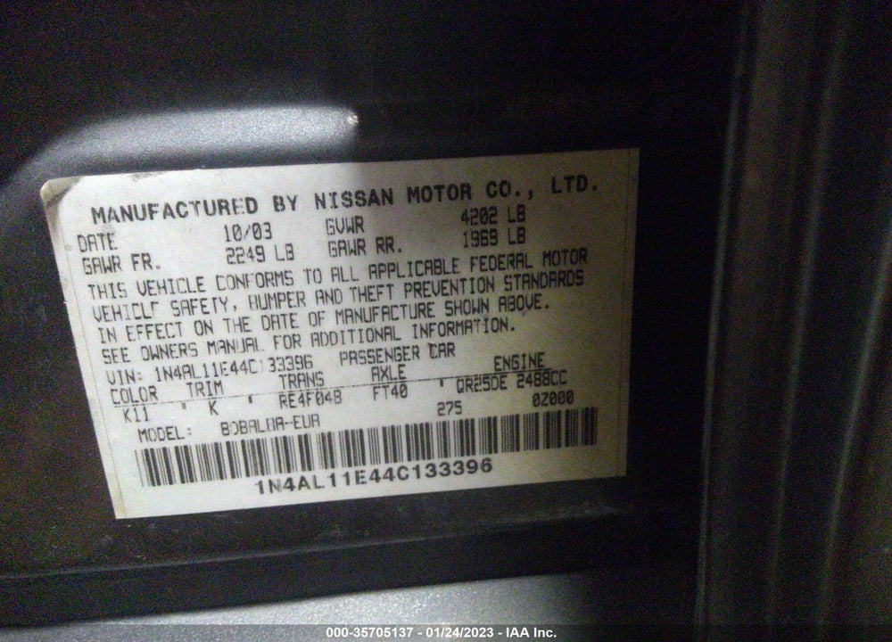 2004 NISSAN ALTIMA 2.5 S VIN: 1N4AL11E44C133396