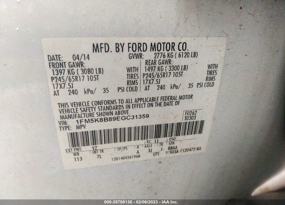 2014 FORD EXPLORER VIN: 1FM5K8B89EGC31359