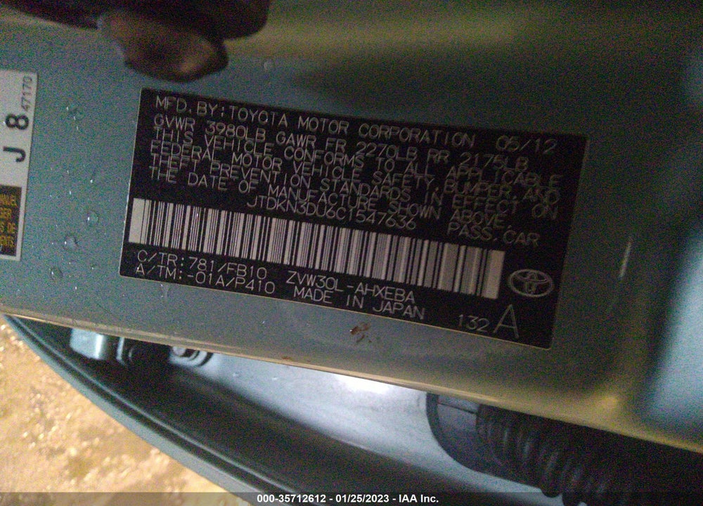 2012 TOYOTA PRIUS TWO VIN: JTDKN3DU6C1547636