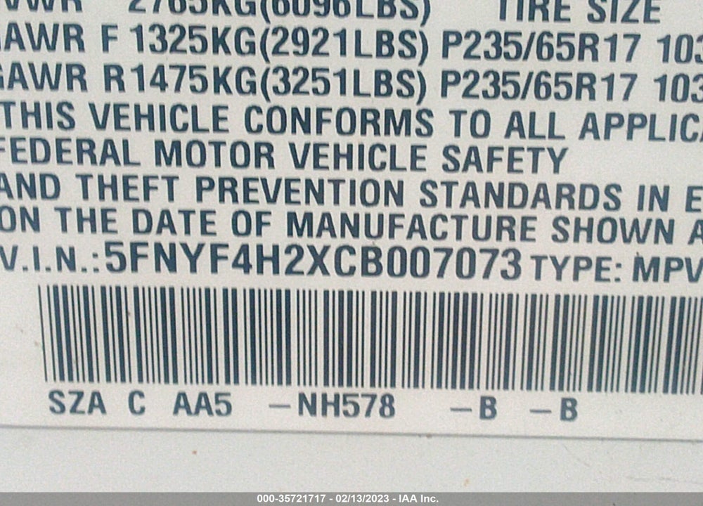 2012 HONDA PILOT VIN: 5FNYF4H2XCB007073