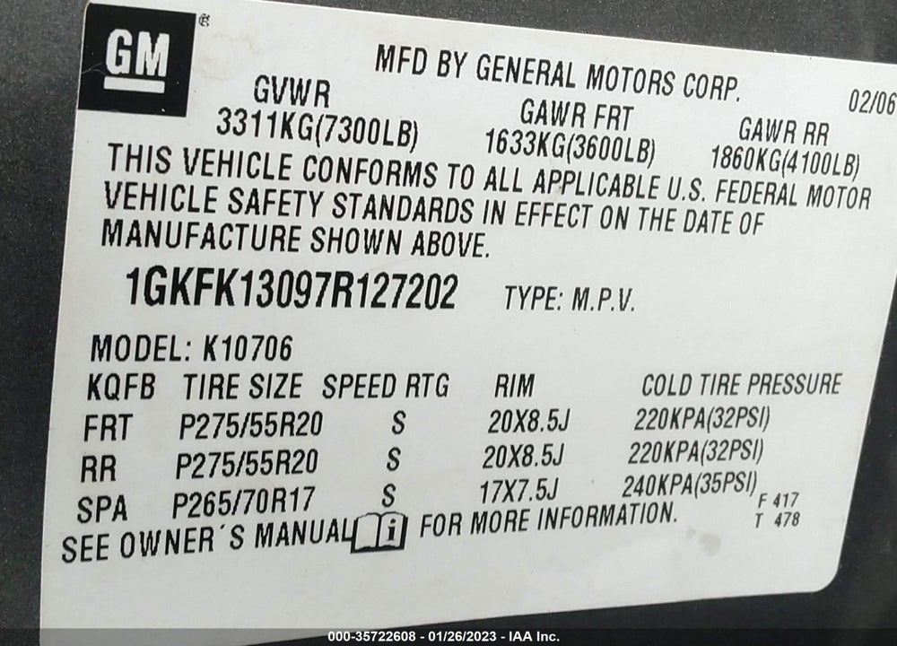 2007 GMC YUKON SLT VIN: 1GKFK13097R127202