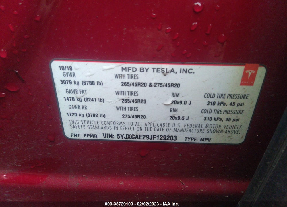 2018 TESLA MODEL X VIN: 5YJXCAE29JF129203