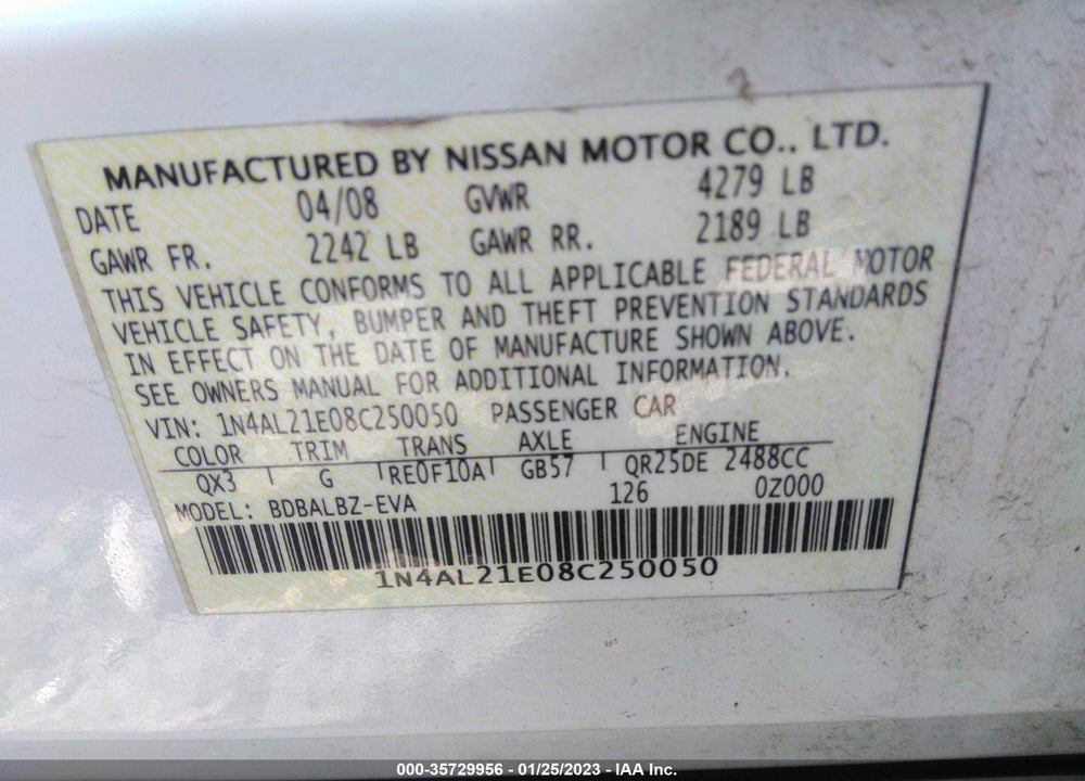 2008 NISSAN ALTIMA VIN: 1N4AL21E08C250050