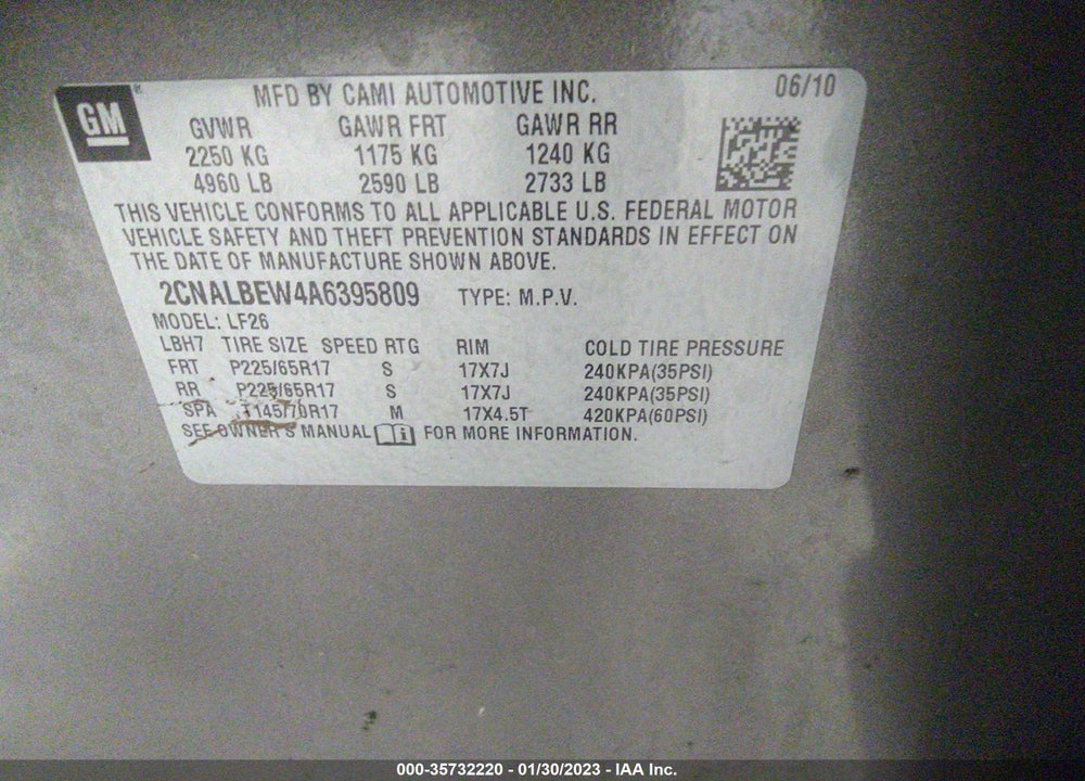 2010 CHEVROLET EQUINOX LS VIN: 2CNALBEW4A6395809