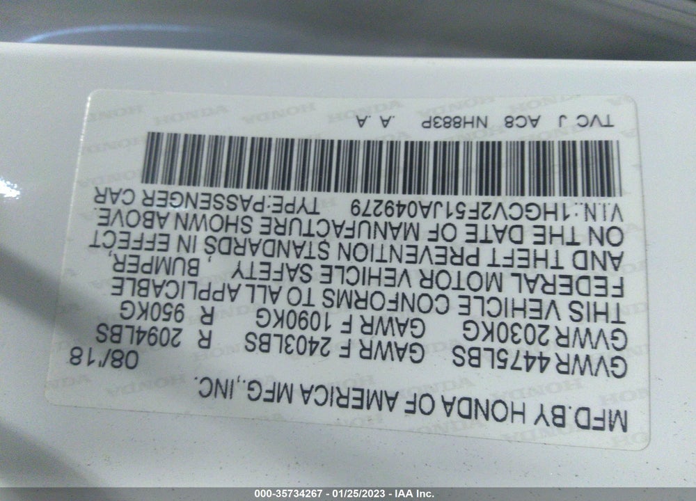 2018 HONDA ACCORD EX-L 2.0T VIN: 1HGCV2F51JA049279