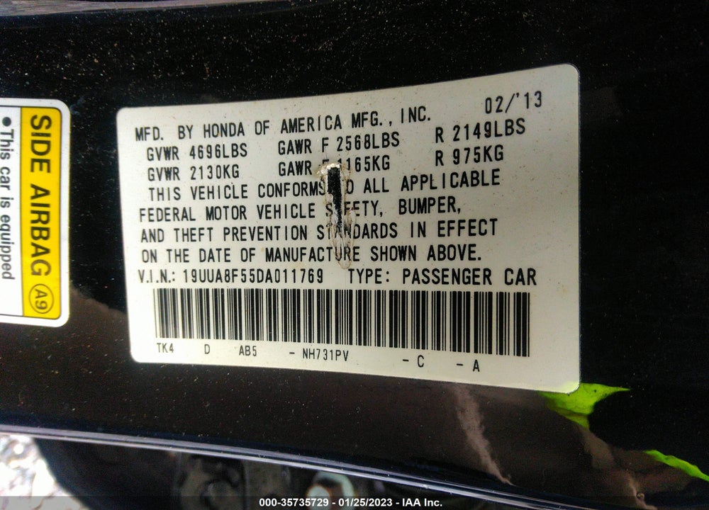 2013 ACURA TL VIN: 19UUA8F55DA011769