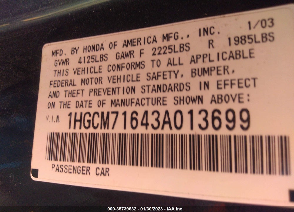 2003 HONDA ACCORD 2.4 EX VIN: 1HGCM71643A013699