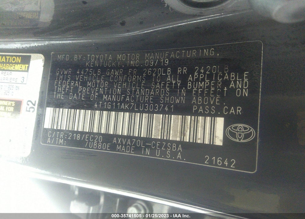 2020 TOYOTA CAMRY SE NIGHTSHADE EDITION VIN: 4T1G11AK7LU303741