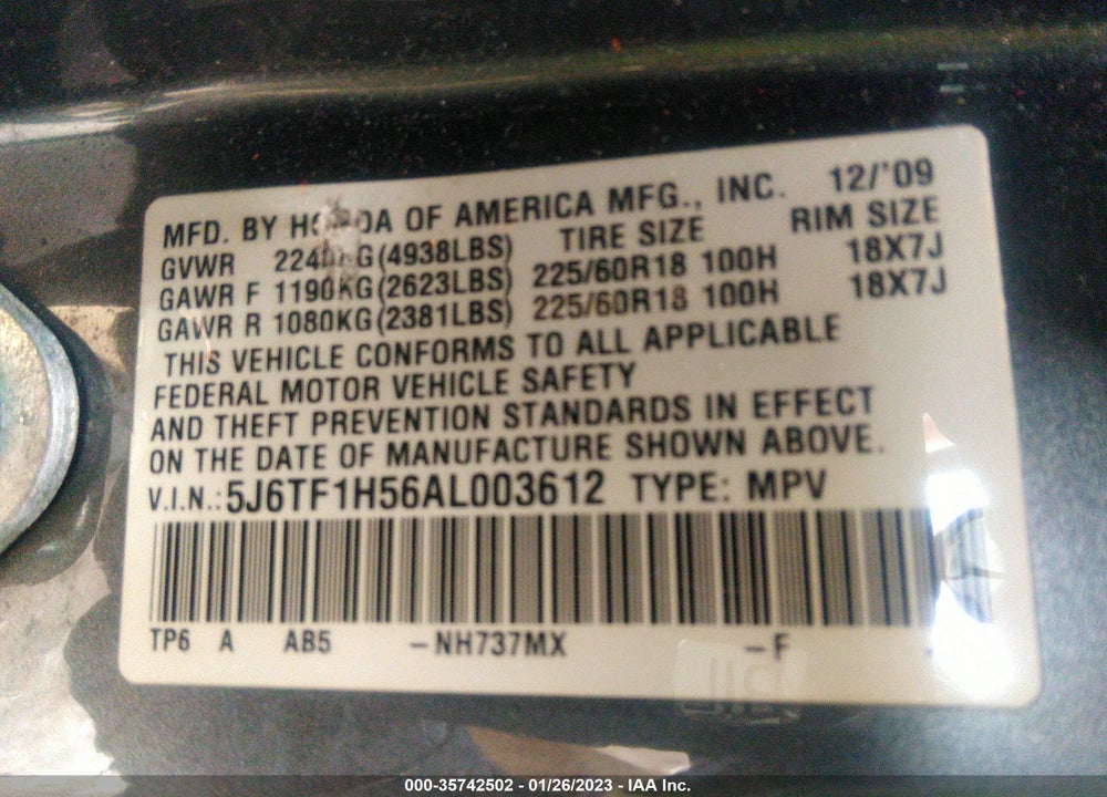 2010 HONDA ACCORD CROSSTOUR EX-L VIN: 5J6TF1H56AL003612
