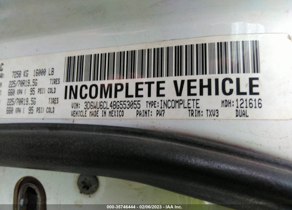 2011 RAM 4500 HD CHASSIS ST/SLT/LAIE VIN: 3D6WU6CL4BG553055