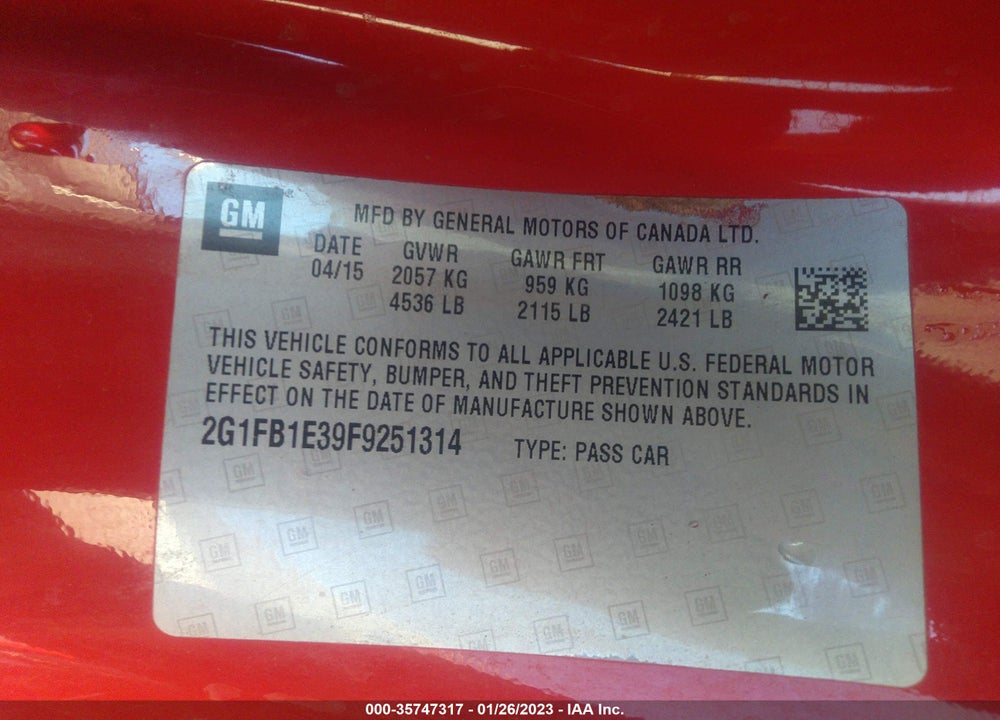 2015 CHEVROLET CAMARO 2LS VIN: 2G1FB1E39F9251314