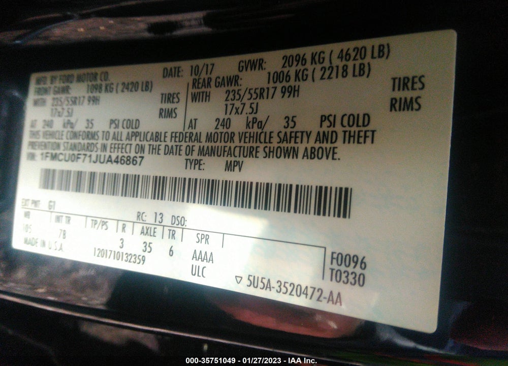 2018 FORD ESCAPE S VIN: 1FMCU0F71JUA46867