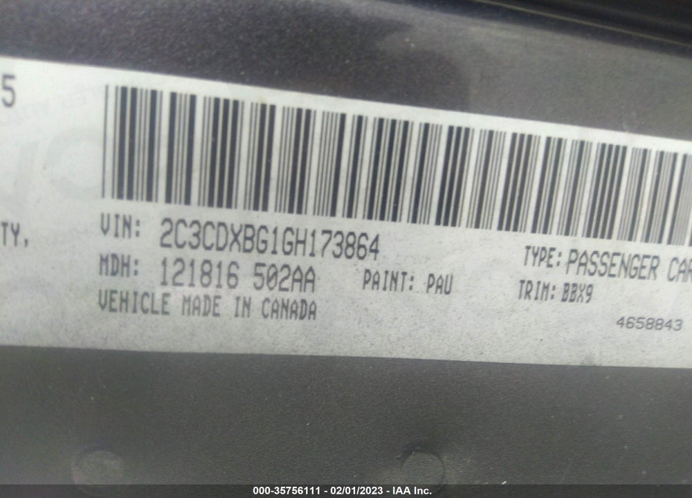 2016 DODGE CHARGER VIN: 2C3CDXBG1GH173864