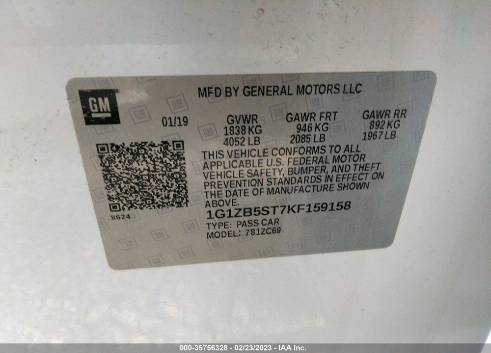 2019 CHEVROLET MALIBU 1LS VIN: 1G1ZB5ST7KF159158