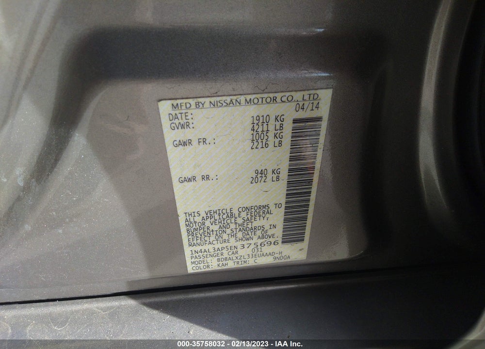 2014 NISSAN ALTIMA 2.5 SL VIN: 1N4AL3AP5EN375696