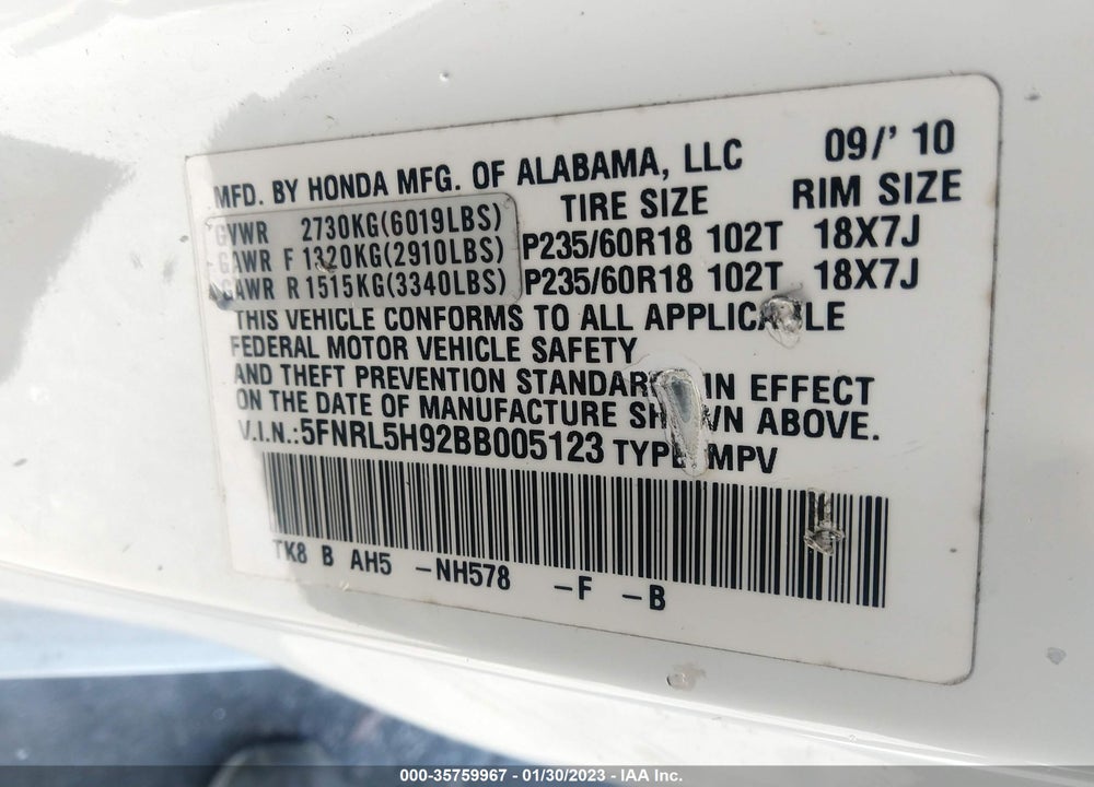 2011 HONDA ODYSSEY TOURING/TOURING ELITE VIN: 5FNRL5H92BB005123