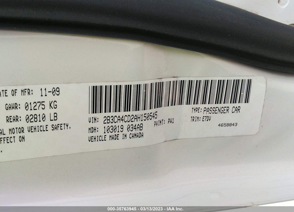 2010 DODGE CHARGER VIN: 2B3CA4CD2AH150545