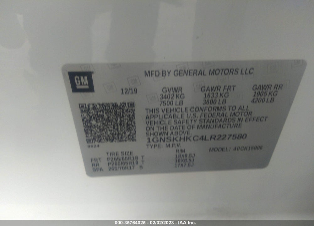 2020 CHEVROLET SUBURBAN 4WD LT VIN: 1GNSKHKC4LR227580