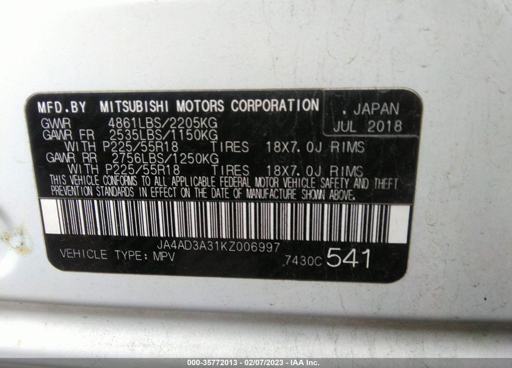 2019 MITSUBISHI OUTLANDER SE VIN: JA4AD3A31KZ006997