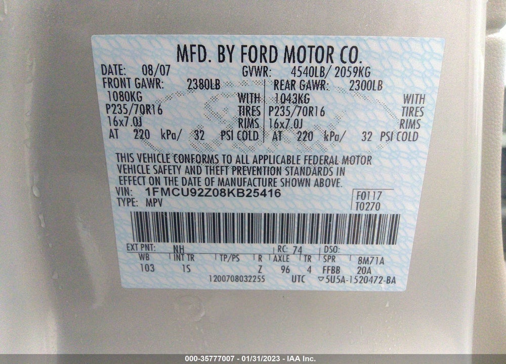 2008 FORD ESCAPE XLS VIN: 1FMCU92Z08KB25416
