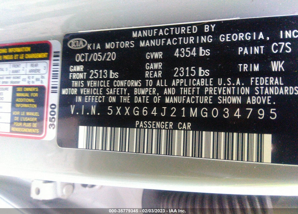 2021 KIA K5 GT LINE VIN: 5XXG64J21MG034795