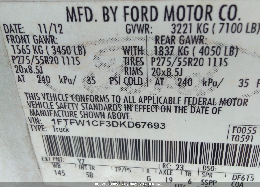 2013 FORD F-150 FX2 VIN: 1FTFW1CF3DKD67693