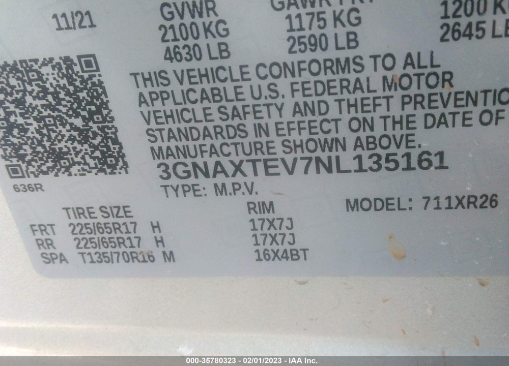 2022 CHEVROLET EQUINOX AWD 2FL VIN: 3GNAXTEV7NL135161