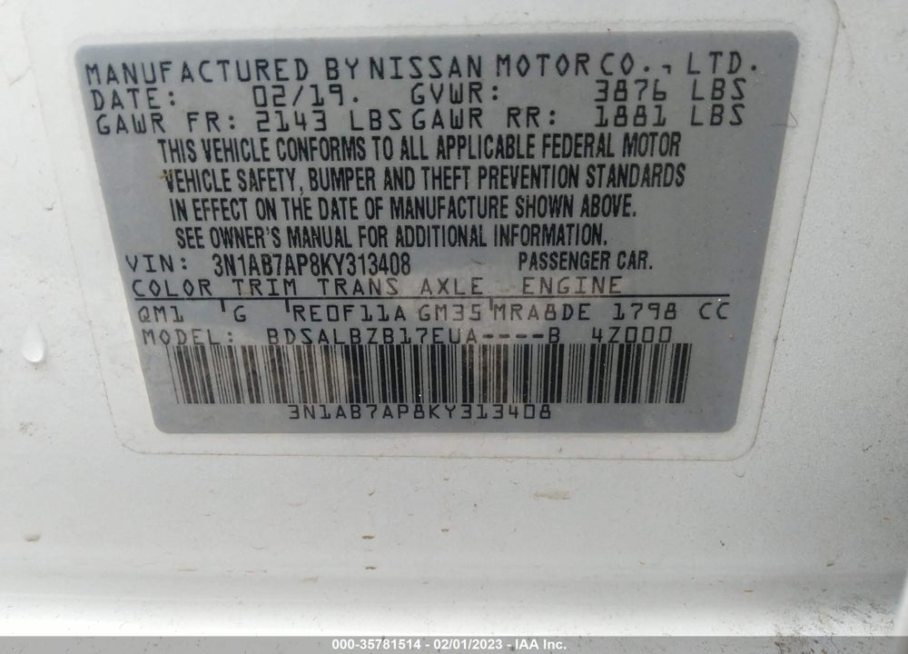 2019 NISSAN SENTRA S VIN: 3N1AB7AP8KY313408