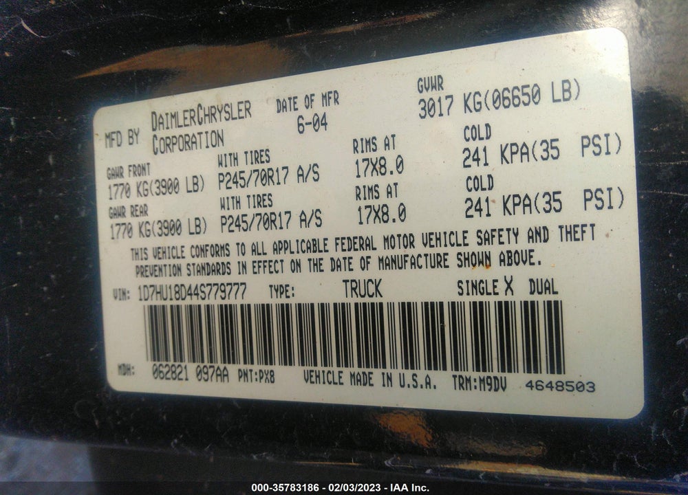 2004 DODGE RAM 1500 SLT/LARAMIE VIN: 1D7HU18D44S779777