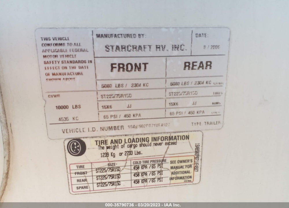 2007 STARCRAFT OTHER VIN: 1SABS02P871VF4927