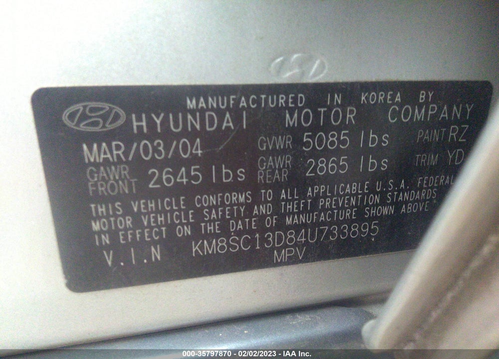 2004 HYUNDAI SANTA FE GLS VIN: KM8SC13D84U733895
