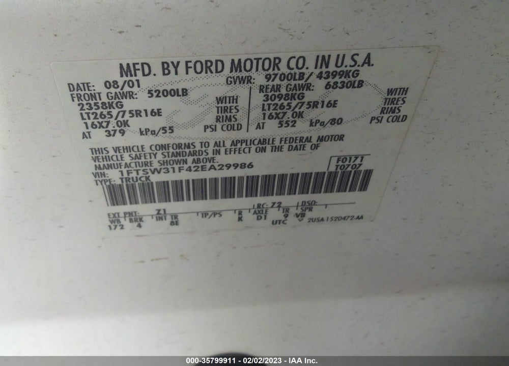 2002 FORD SUPER DUTY F-350 SRW XLT/LARIAT/XL VIN: 1FTSW31F42EA29986