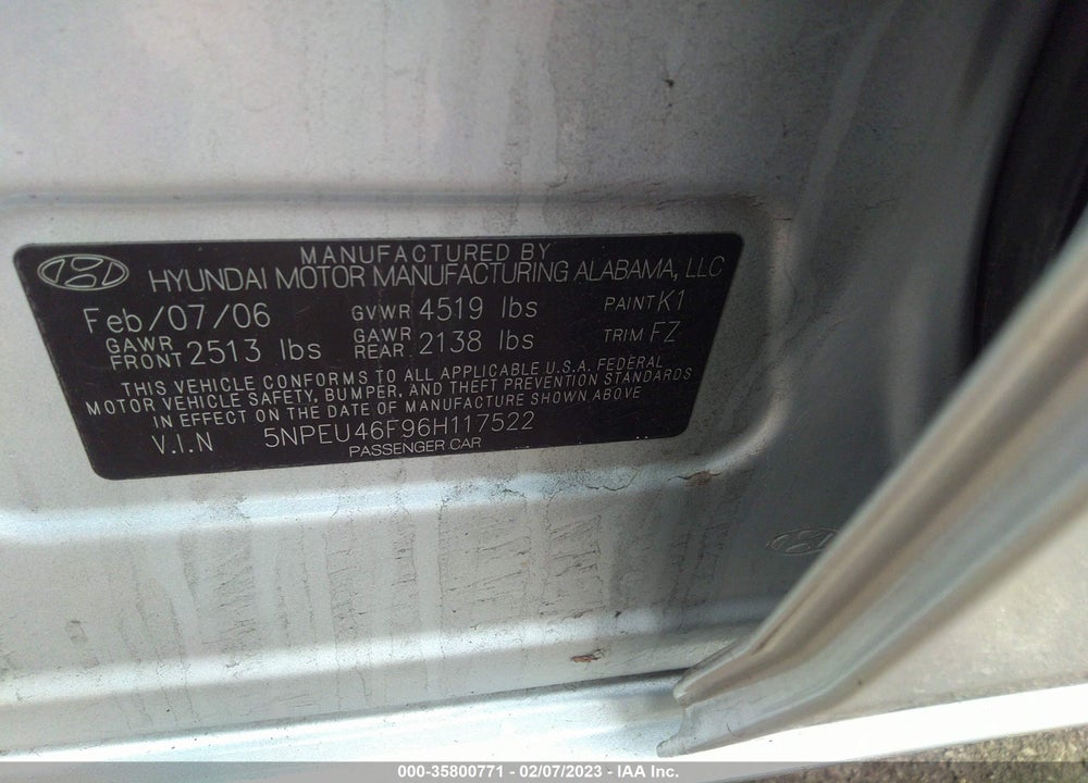 2006 HYUNDAI SONATA VIN: 5NPEU46F96H117522