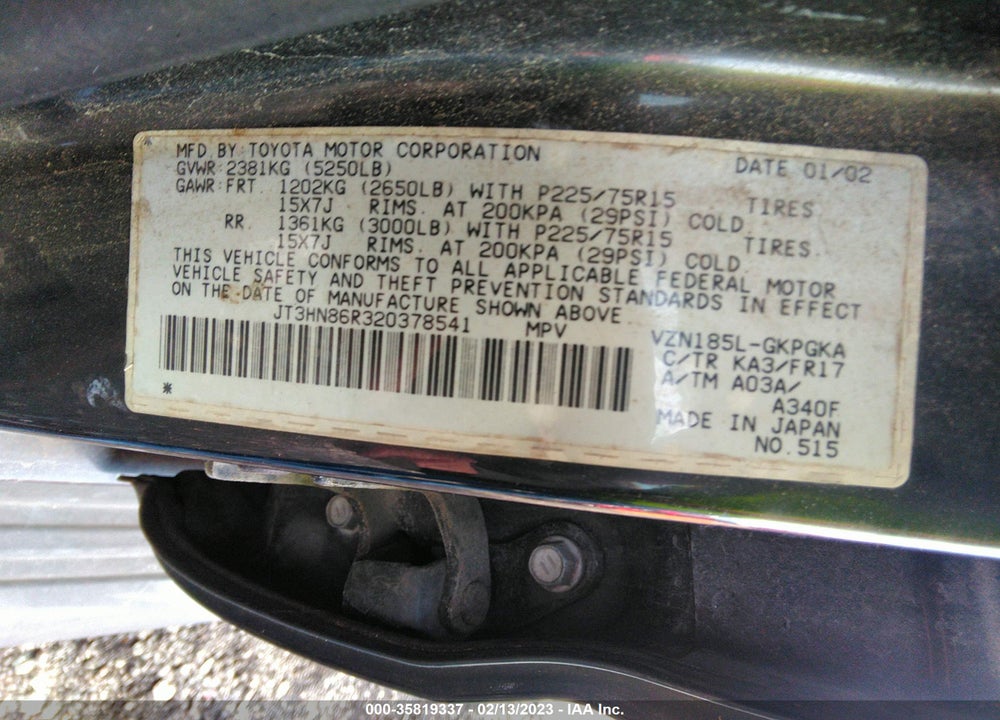 2002 TOYOTA 4RUNNER SR5 VIN: JT3HN86R320378541