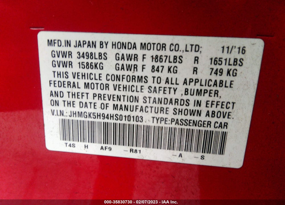 2017 HONDA FIT EX-L VIN: JHMGK5H94HS010103